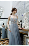 A-line Spaghetti Straps Beaded Long Tulle Prom Dress OKT23