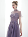 A-line Tulle Long High Neck Purple Prom Dress With Ruffles OKR86