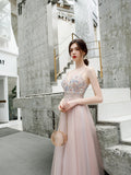 A-line Spaghetti Straps Beaded Long Tulle Prom Dress OKT23