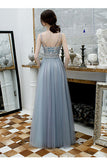 A Line Spaghetti Straps Beaded Long Tulle Prom Dress OKT23