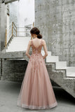 A-line V Neck Beaded Long Tulle Zipper Back Prom Dress OKT24