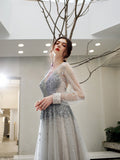 A-line V Neck Long Sleeves Tulle Sequins Grey Prom Dress OKT28