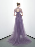 A-line Tulle Long High Neck Purple Prom Dress With Ruffles OKR86