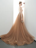 A-line Spaghetti Straps Tulle Long Lace Appliques Prom Dress OKR85