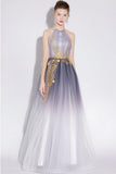 A Line Halter Tulle Long Prom Dress With Appliqued OKL28