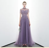 A-line Tulle Long High Neck Purple Prom Dress With Ruffles OKR86