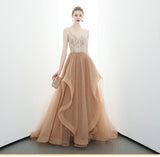 A-line Spaghetti Straps Tulle Long Lace Appliques Prom Dress OKR85