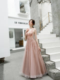 A-line V Neck Beaded Long Tulle Zipper Back Prom Dress OKT24