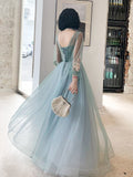 A Line Long Sleeve Round Neck Tulle Floral Appliques Prom Dress OKQ83