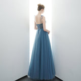 A-line Spaghetti Straps Blue Lace Up Back Beading Tulle Long Prom Dress OKR84