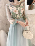 A Line Long Sleeves Round Neck Tulle Floral Appliques Prom Dress OKQ83