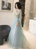 A Line Long Sleeve Round Neck Tulle Floral Appliques Prom Dress OKQ83