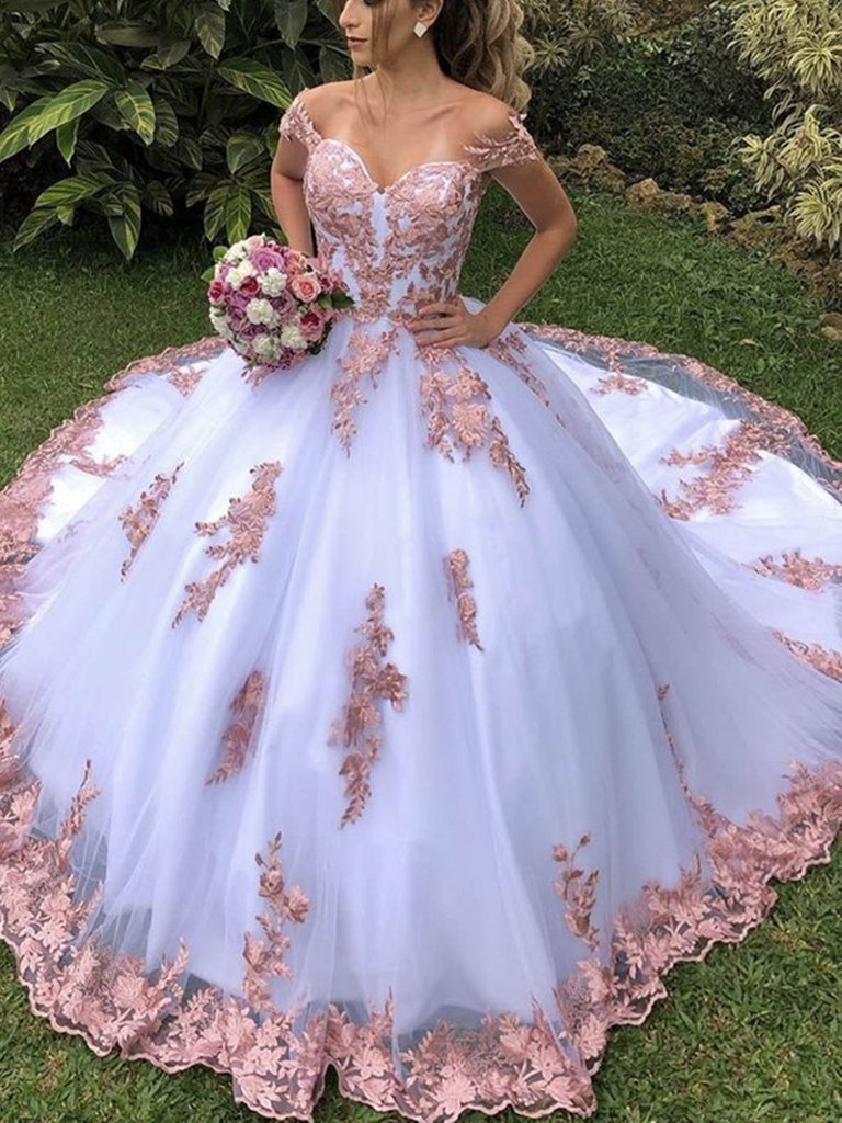 Off the Shoulder White Lace Appliques Tulle Long Prom Dress Formal Evening Dress White Ball Gown OKZ23