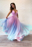 Ombre Spaghetti Straps Sleeveless A Line Prom Dresses OKO83