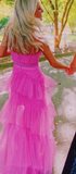 Hot Pink A Line Ruffles Tulle Prom Dress Long Evening Party Gowns OK1609