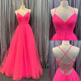 Hot Pink Pleated A Line Tulle Long Prom Dresses Formal Evening Dresses OK1448