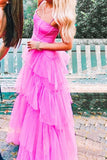 Fashion Hot Pink A Line Tulle Long Prom Dress Layered Ruffles Evening Gown OK1255