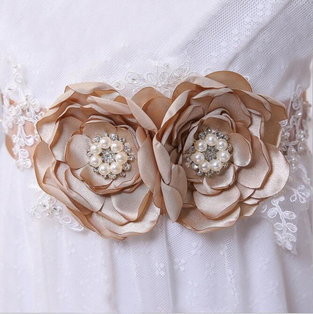 Bridesmaid Sash/Belt with Pearls Flower Girl Sashes Rustic Stones Wedding Belt Bridal Flower Sash BS1