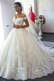 New Arrival Off The Shoulder A Line Wedding Dress Tulle With Applique Sweep Train OKE71