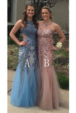 Unique Mermaid Long Tulle Sequin Appliques Prom Dresses OKD86