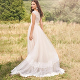 Rustic Tiered Lace Tulle Ling Bridal Gowns A-line V Neck Cap Sleeves Wedding Dress OKY92