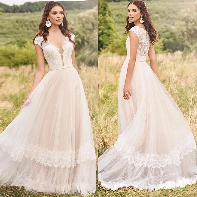 Rustic Tiered Lace Tulle Ling Bridal Gowns A-line V Neck Cap Sleeves Wedding Dress OKY92