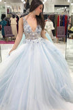 Cheap Light Blue A Line V Neck Lace Appliques Tulle Long Prom Dress OKZ25