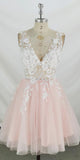 Sweet A-line V Neck Tulle Short Pink and White Lace Homecoming Dress OKZ15