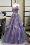 Charming Tulle A-line V-neck Spaghetti Straps Long Prom Dress With Lace Appliques OKX36