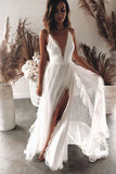 Boho Chiffon A-line V-neck Lace Spaghetti Straps Beach Wedding Dresses Bridal Dress OK1680