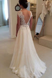 A-line Lace Cap Sleeves White Wedding Dresses,Sexy Backless Cheap Long Bridal Dress OK391