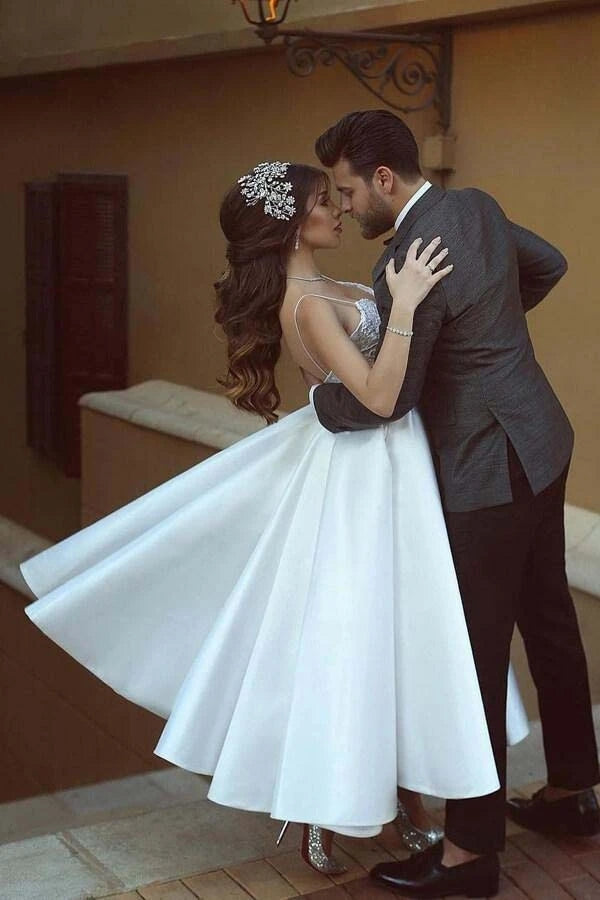 Simple Satin A Line Spaghetti Straps Appliqued Short Princess Wedding Dress OK1137