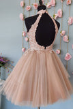 High Neck Pink Lace Top Prom Dress Short Pink Formal Homecoming Dress OKY29