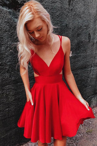A-line Short V Neck Red Prom Dress Cocktail Graduation Homecoming Dress OKZ66
