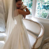 A-line Ivory Strapless Wedding Dress Satin Draped Bridal Dress With Pockets OKX5