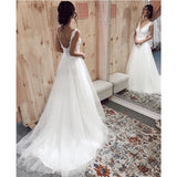 Elegant Tulle Wedding Dress Deep V-Neck Sleeveless Chapel Train A-line Applique Bridal Dress OKW23