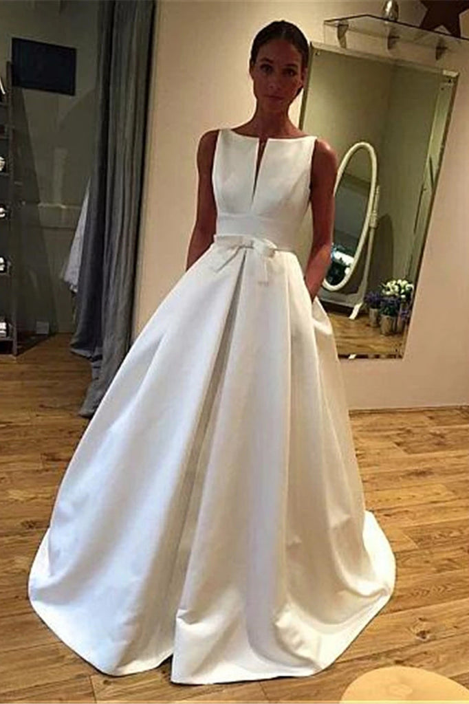 Boho A-line Satin Beach Wedding Dress Sleeveles Bowknot Bridal Gown With Pockets OKX4