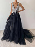 Sparkly A-line Tulle Sequins Deep V Neck Black Long Prom Dress OKV43