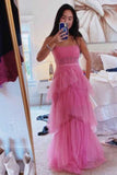 Hot Pink A Line Ruffles Tulle Prom Dress Long Evening Party Gowns OK1609