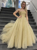 A Line Strapless Tulle Shiny Prom Dress Long Formal Evening Dress OK1321