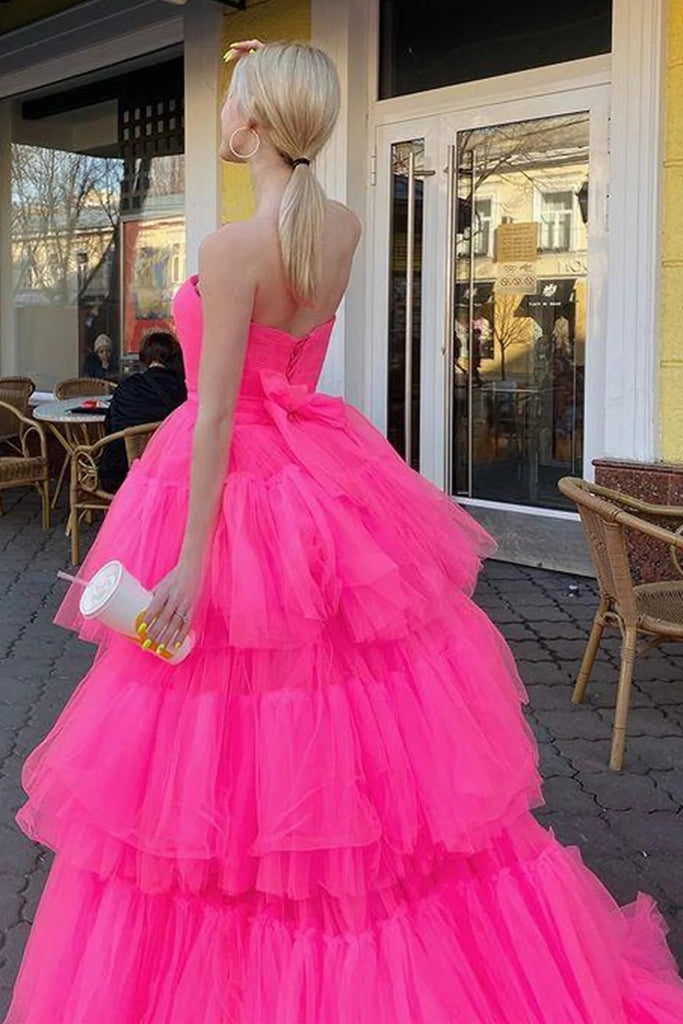 Strapless High Low Hot Pink Tulle Long Prom Dresses, High Low Formal Evening Dresses OK1671