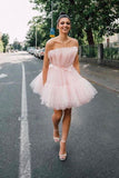 Strapless Pink Tulle Short Homecoming Dress Princess Sleeveless School Party Dress OK1508