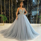 Dusty Blue Ball Gown Prom Dress Long Spaghetti Straps Tulle Crystals Beaded Formal Party Dress OKV97