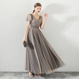 A Line Tulle Long Appliques Beaded Prom Dress, Grey Formal Evening Dress OKG72