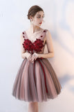 Charming A-Line V Neck Red Flowers Short Tulle Homecoming Dresses OKC65