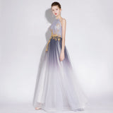 A Line Halter Tulle Long Prom Dress With Appliqued OKL28