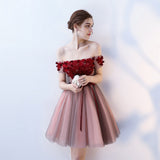 A-Line Strapless Red Flowers Short Tulle Homecoming Dresses OKC66