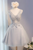 A-Line Lace Appliques Short Gray V Neck Homecoming Dresses OKD1