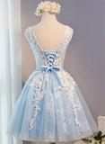 A-Line Lace Appliques Round Neck Sky Blue Short Homecoming Dresses OKD7