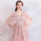 Princess A Line Pink Long Tulle Appliques V Neck Prom Dress OKG68